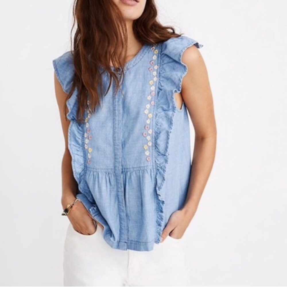 Madewell Denim Floral Top Blue Size XXS